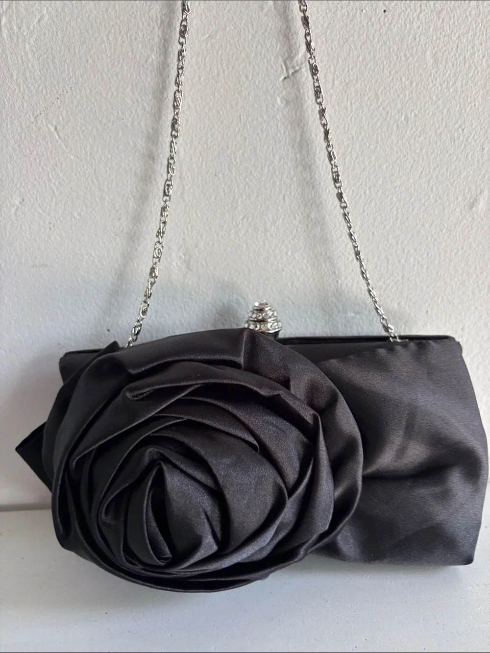 Black Satin Rose Appliqué Evening Clutch with Silver Chain